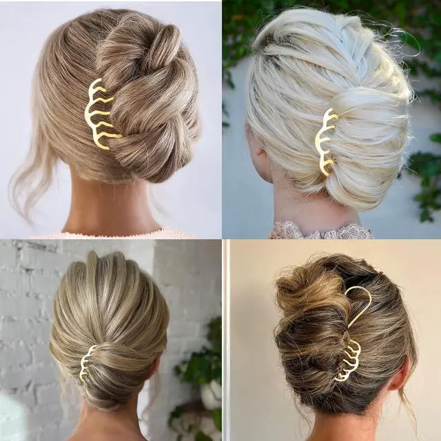 Alt view image 4 of 6 - 11 Pieces Hair Side Combs Metal Hair Fork Clip French Twist Comb Updo Hair Stick, U-Shape Teeth Styling Tools Messy Bun Maker Vintage Hairstyle Pins Accessories for Women and Girls (Gold)