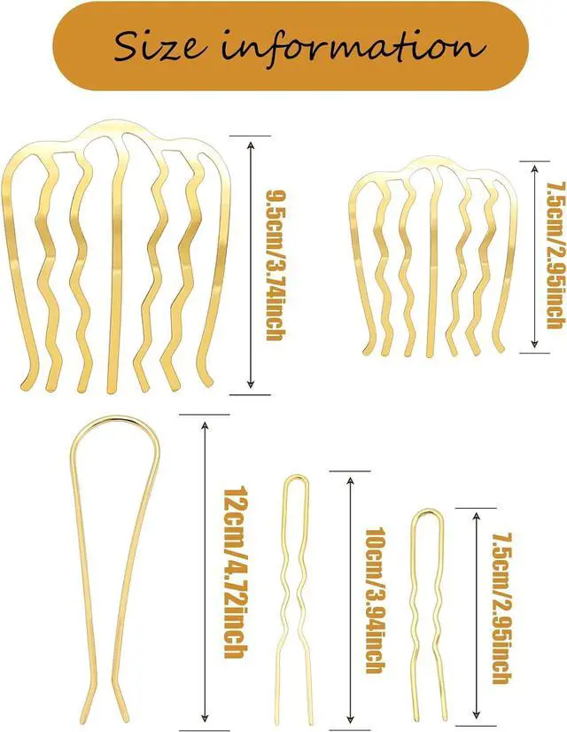 Alt view image 3 of 6 - 11 Pieces Hair Side Combs Metal Hair Fork Clip French Twist Comb Updo Hair Stick, U-Shape Teeth Styling Tools Messy Bun Maker Vintage Hairstyle Pins Accessories for Women and Girls (Gold)