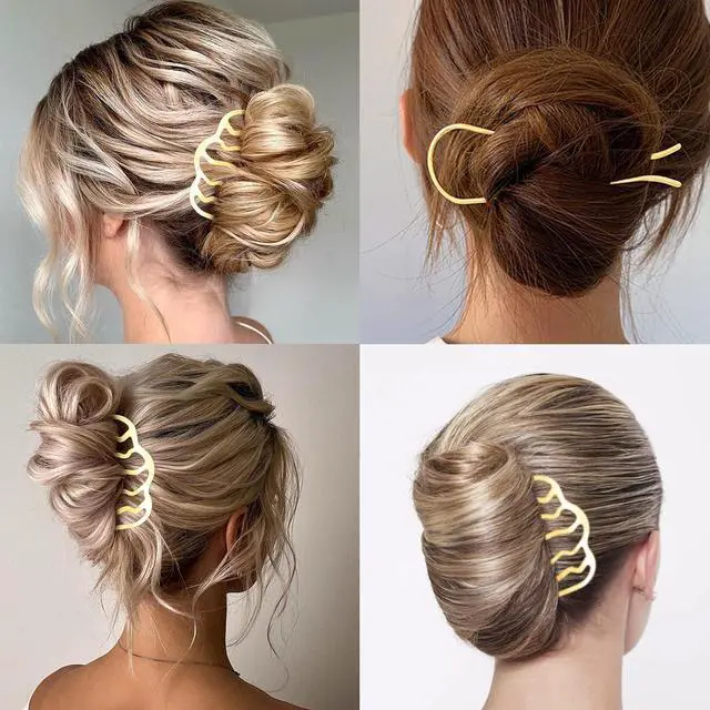 Alt view image 6 of 6 - 11 Pieces Hair Side Combs Metal Hair Fork Clip French Twist Comb Updo Hair Stick, U-Shape Teeth Styling Tools Messy Bun Maker Vintage Hairstyle Pins Accessories for Women and Girls (Gold)