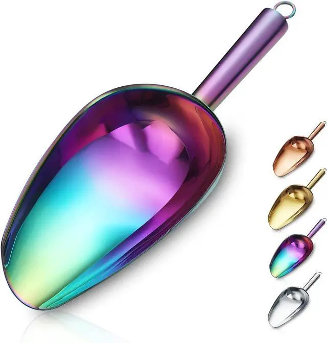 Main image of Berglander Stainless Steel Rainbow Ice Scoop 6 OZ, Titanium Colorful Plating Metal Ice Scooper For Ice Maker Multipurpose For Candy Wedding Kitchen Bar Party Pet Animal Dog Food Scoop Beach Shovel