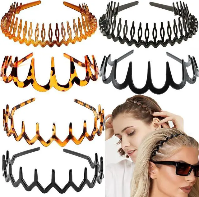 Main image of 6 PCS Zig Zag Headbands Plastic Wavy Hair Head Band Comb with Teeth Hoop Accessories for Women Men Girls, Versatile Bright Black&Retro Leopard