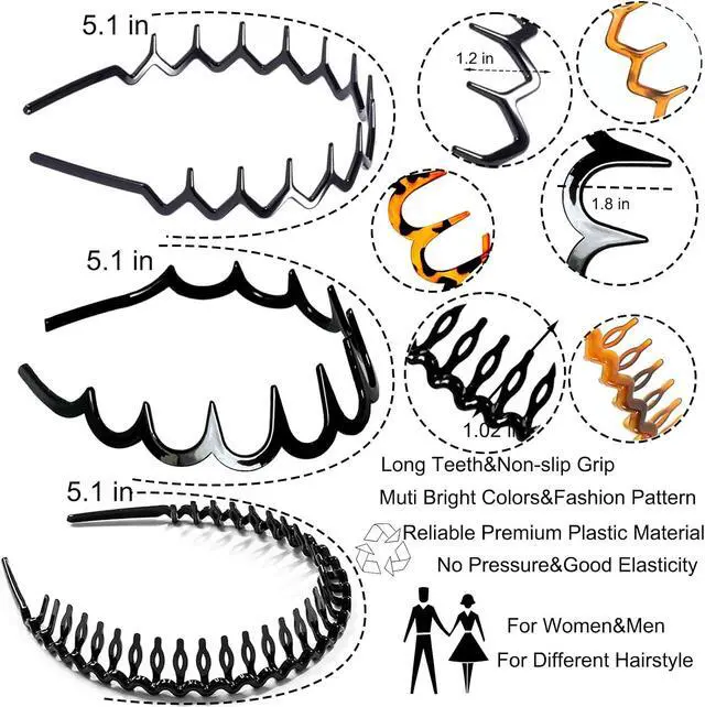 Alt view image 2 of 6 - 6 PCS Zig Zag Headbands Plastic Wavy Hair Head Band Comb with Teeth Hoop Accessories for Women Men Girls, Versatile Bright Black&Retro Leopard