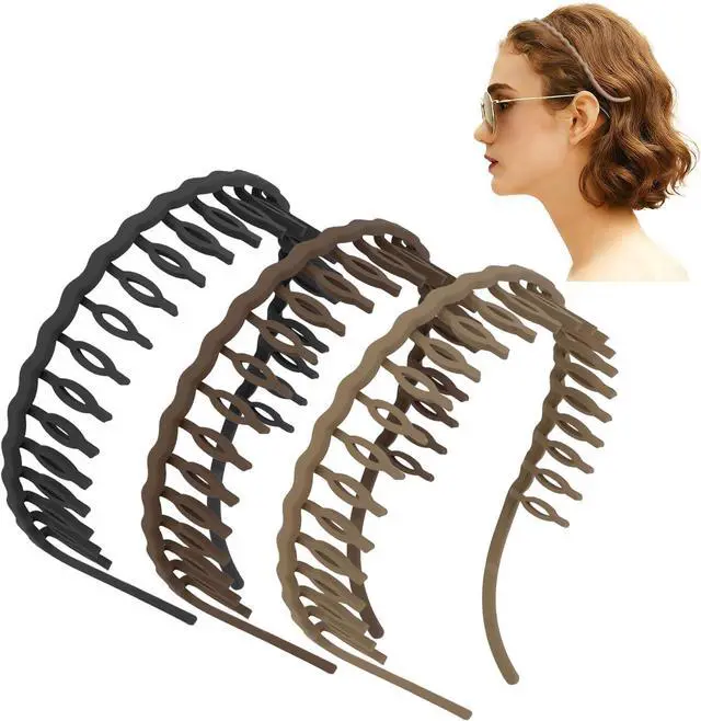 Main image of CIEHER 3 Pcs Plastic Hair Bands with Teeth Flex No Pressure Headbands for Glasses Wearers Zig Zag Claw Comb Headbands - Black Brown Khaki