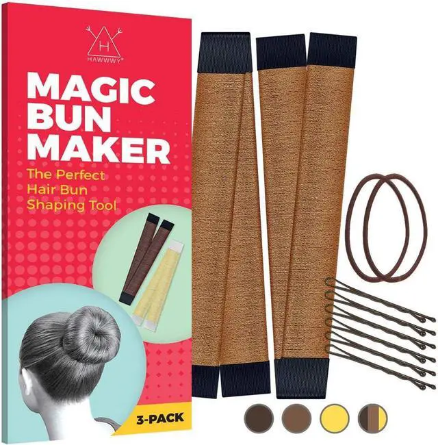 Main image of Hawwwy Premium 2 Piece Hair Bun Maker with Hair Ties Bobby Pins - Snap-and-Roll Bun Hair Tool- Magic Bun Tool, Donut Hair, Perfect Bun Makers Hair Pins French Twist Donuts for Updos Kids - Light Brown