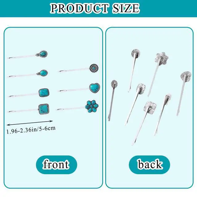 Alt view image 2 of 7 - 7 PCS Turquoise Retro Decorative Bobby Pins Silver Metal Hair Clips Vintage Alloy Hair Pins for Women Girls Headwear Styling Tools Barrettes Hair Accessories