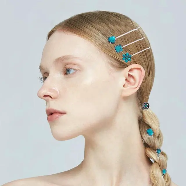 Alt view image 3 of 7 - 7 PCS Turquoise Retro Decorative Bobby Pins Silver Metal Hair Clips Vintage Alloy Hair Pins for Women Girls Headwear Styling Tools Barrettes Hair Accessories