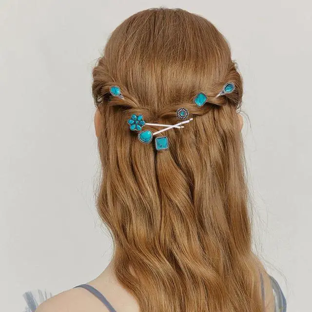 Alt view image 5 of 7 - 7 PCS Turquoise Retro Decorative Bobby Pins Silver Metal Hair Clips Vintage Alloy Hair Pins for Women Girls Headwear Styling Tools Barrettes Hair Accessories