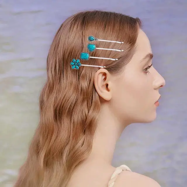 Alt view image 4 of 7 - 7 PCS Turquoise Retro Decorative Bobby Pins Silver Metal Hair Clips Vintage Alloy Hair Pins for Women Girls Headwear Styling Tools Barrettes Hair Accessories