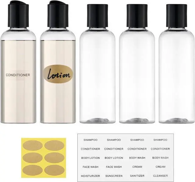 Main image of Travel Bottles for Toiletries, 3.4 oz Travel Size Containers, 5pcs, Clear | Squeezable empty plastic bottles, TSA approved, leak proof, with labels, for liquids & shampoo lotion, gym essentials