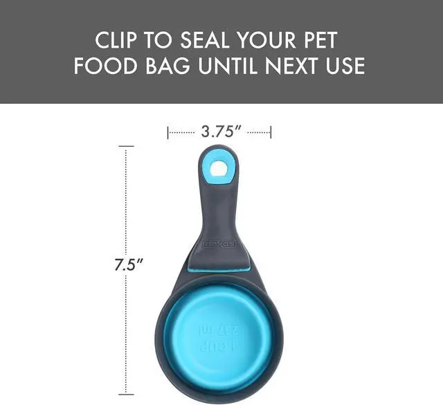 Alt view image 2 of 7 - Dexas Popware for Pets Collapsible Klip Scoop, 3-in-1 Pet Food Scoop, Measuring Cup and Bag Clip, 1 Cup Capacity, Blue