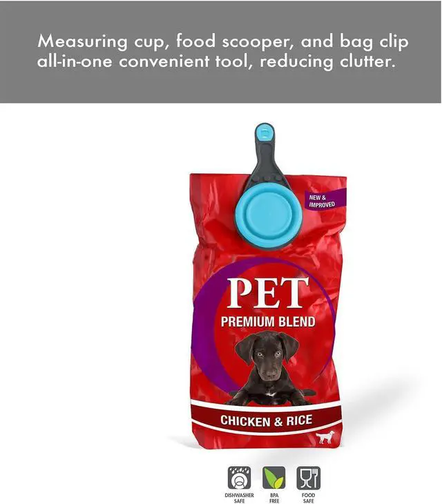 Alt view image 7 of 7 - Dexas Popware for Pets Collapsible Klip Scoop, 3-in-1 Pet Food Scoop, Measuring Cup and Bag Clip, 1 Cup Capacity, Blue