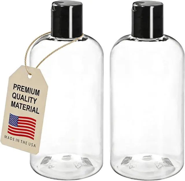 Main image of ljdeals 8 oz Clear Plastic Empty Bottles with Black Disc Top Caps, Squeezable Refillable Containers for Shampoo, Lotions, Cream and More, Pack of 2, BPA Free, Made in USA