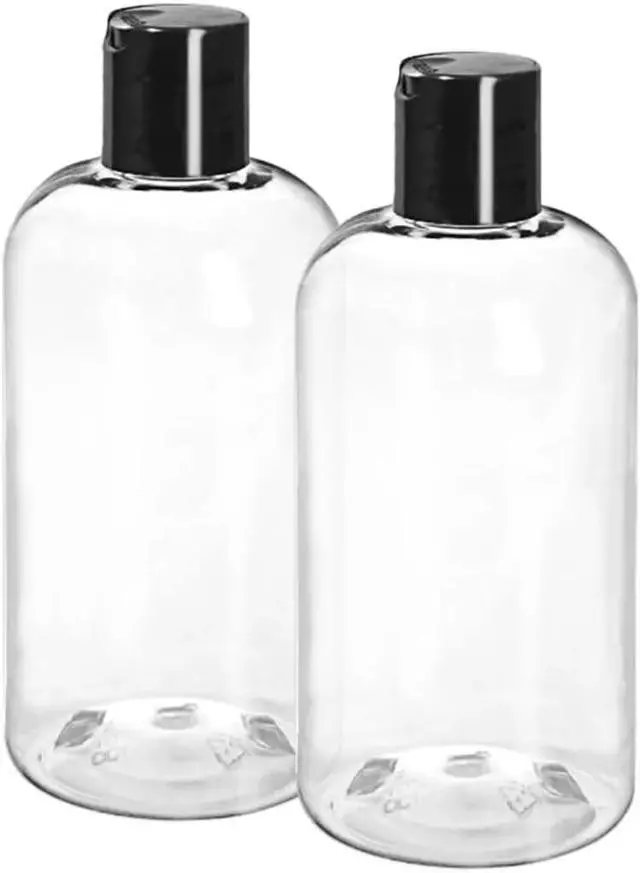 Alt view image 2 of 4 - ljdeals 8 oz Clear Plastic Empty Bottles with Black Disc Top Caps, Squeezable Refillable Containers for Shampoo, Lotions, Cream and More, Pack of 2, BPA Free, Made in USA