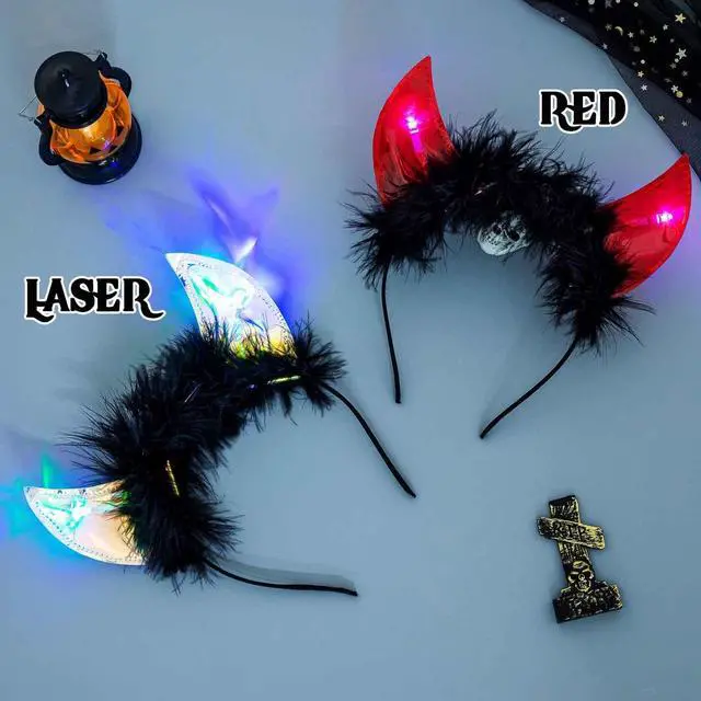 Alt view image 2 of 7 - Light Up Devil Headbands Led Devil Horn Hairbands Black Demon Headpiece Glitter Halloween Hair Accessories for Women