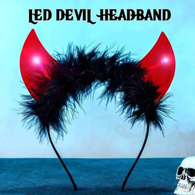 Alt view image 3 of 7 - Light Up Devil Headbands Led Devil Horn Hairbands Black Demon Headpiece Glitter Halloween Hair Accessories for Women