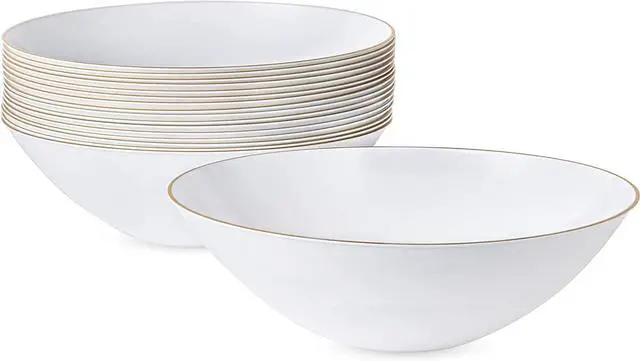 Main image of Premium Disposable White Plastic Soup Bowls with Gold Trim 16oz (10 Count) | Elegant | Heavy Weight | Perfect for Holidays, Weddings, Parties, Catering