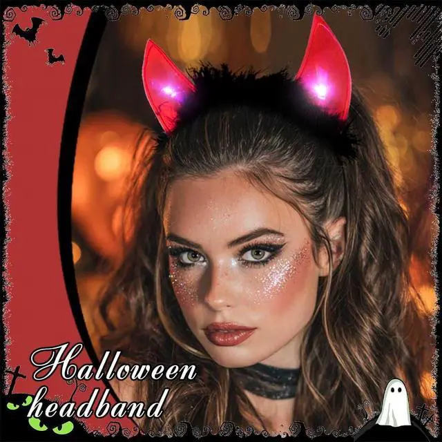 Alt view image 5 of 7 - Light Up Devil Headbands Led Devil Horn Hairbands Black Demon Headpiece Glitter Halloween Hair Accessories for Women