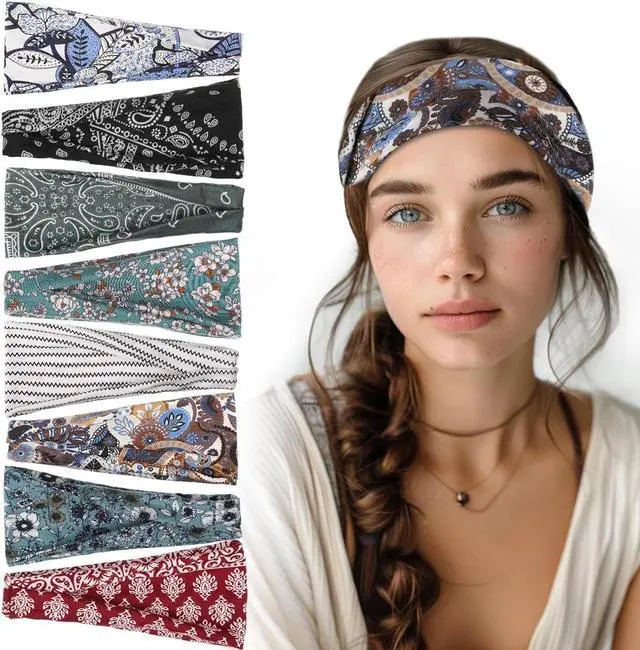 Main image of obeoby 8 Pack Headbands for Women, Boho Style Headbands | Fashion Headbands for Music Festival,Breathable, 9 x 3.5 In,Hiking Gifts for Women, for Daily Wear and Vacation