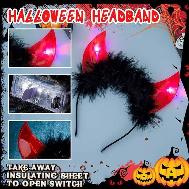 Alt view image 6 of 7 - Light Up Devil Headbands Led Devil Horn Hairbands Black Demon Headpiece Glitter Halloween Hair Accessories for Women