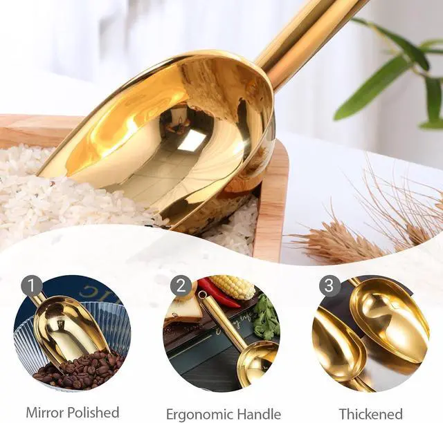 Alt view image 3 of 7 - 6 oz Gold Ice Scoop, Stainless Steel Food & Candy | Ice bucket, popcorn, flour, candy, coffee beans, buffet, bar, kitchen, wedding, durable 18/8 stainless steel