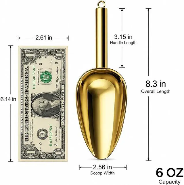 Alt view image 6 of 7 - 6 oz Gold Ice Scoop, Stainless Steel Food & Candy | Ice bucket, popcorn, flour, candy, coffee beans, buffet, bar, kitchen, wedding, durable 18/8 stainless steel