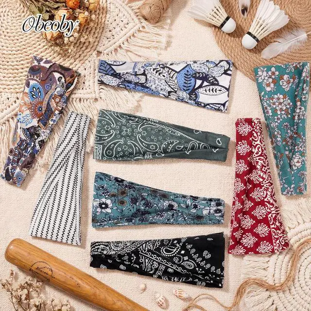 Alt view image 7 of 7 - obeoby 8 Pack Headbands for Women, Boho Style Headbands | Fashion Headbands for Music Festival,Breathable, 9 x 3.5 In,Hiking Gifts for Women, for Daily Wear and Vacation