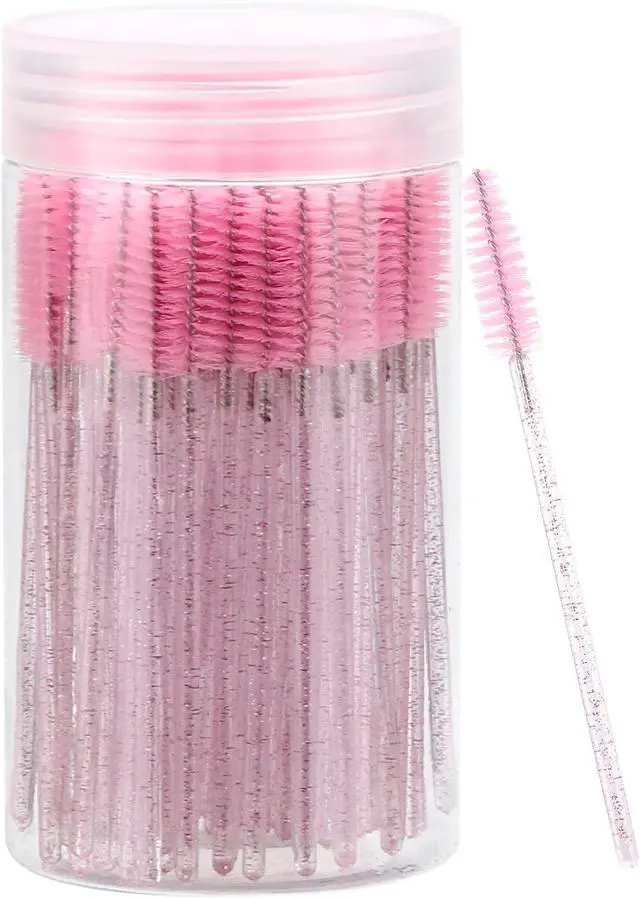 Main image of 100 Pcs Disposable Mascara Wands, Crystal Eyebrow Spoolies Brush for Eyelash Extensions, Pink Lash Brushes with Container