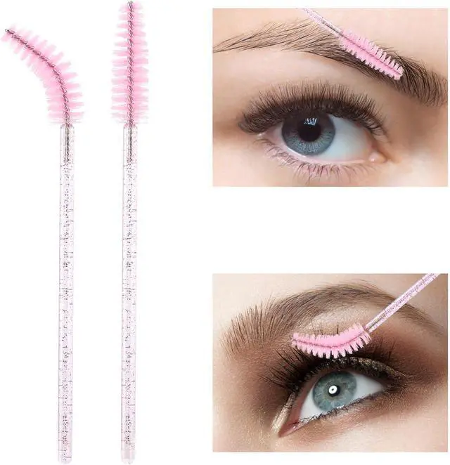 Alt view image 3 of 7 - 100 Pcs Disposable Mascara Wands, Crystal Eyebrow Spoolies Brush for Eyelash Extensions, Pink Lash Brushes with Container