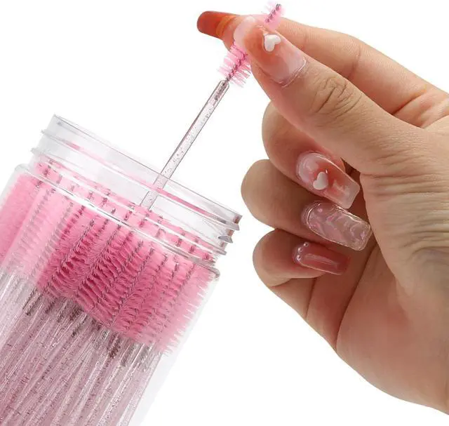 Alt view image 4 of 7 - 100 Pcs Disposable Mascara Wands, Crystal Eyebrow Spoolies Brush for Eyelash Extensions, Pink Lash Brushes with Container