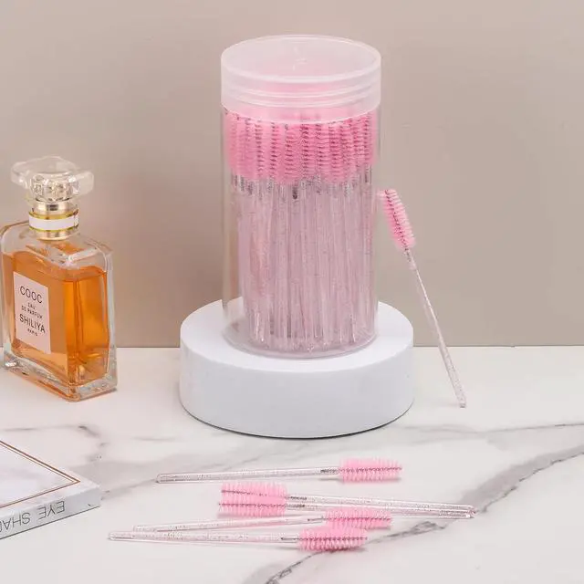 Alt view image 6 of 7 - 100 Pcs Disposable Mascara Wands, Crystal Eyebrow Spoolies Brush for Eyelash Extensions, Pink Lash Brushes with Container