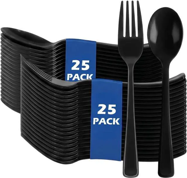 Main image of 50 Count Black Disposable Plastic Forks and Spoons Set, Heavy Duty Cutlery for Party Wedding Birthday Picnic Camping, Durable Silverware Utensils