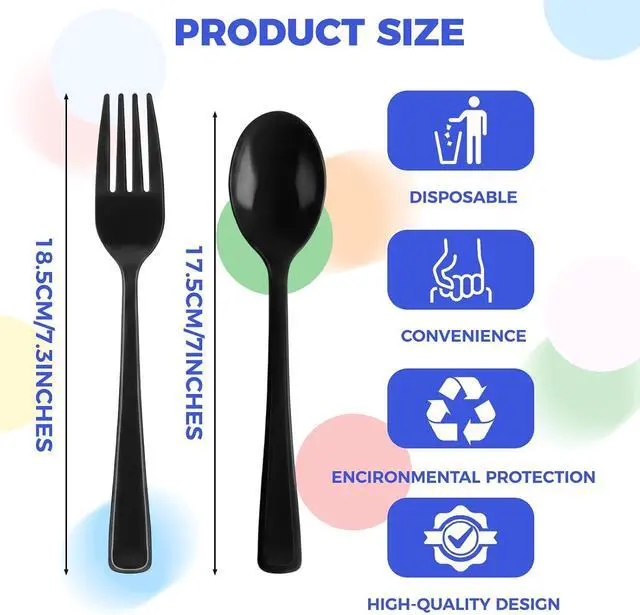 Alt view image 2 of 7 - 50 Count Black Disposable Plastic Forks and Spoons Set, Heavy Duty Cutlery for Party Wedding Birthday Picnic Camping, Durable Silverware Utensils