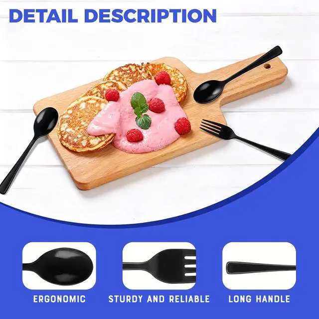 Alt view image 3 of 7 - 50 Count Black Disposable Plastic Forks and Spoons Set, Heavy Duty Cutlery for Party Wedding Birthday Picnic Camping, Durable Silverware Utensils