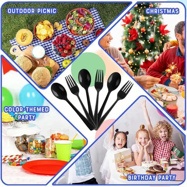 Alt view image 4 of 7 - 50 Count Black Disposable Plastic Forks and Spoons Set, Heavy Duty Cutlery for Party Wedding Birthday Picnic Camping, Durable Silverware Utensils