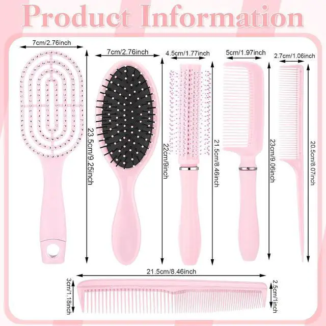 Alt view image 6 of 7 - 6 Pieces Detangling Styling Comb Set for Women and Men - Hair Brush for Straight, Curly, and All Hair Types(Pink)