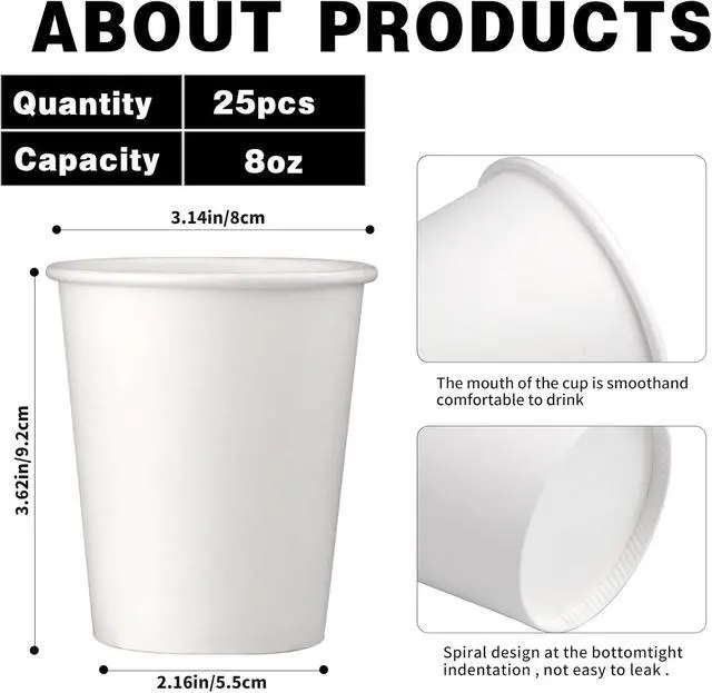 Alt view image 2 of 7 - Paper Cups 8 oz 25 Pack, Disposable Paper Coffee Cups (White) | Disposable Paper Party Cups for Hot or Cold Beverage Drinking for Party, Picnic, BBQ, Travel, and Event
