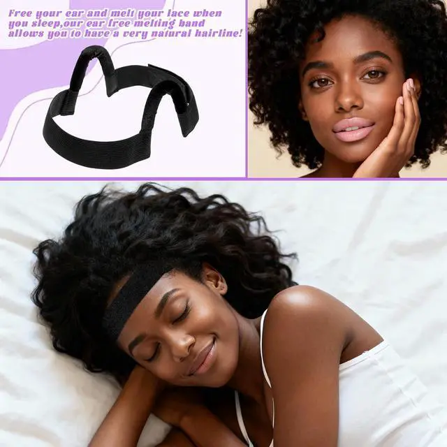 Alt view image 4 of 7 - 2Pcs Wig Band for Lace Front Ear Cut Free Lace Melting Elastic Painless Wig Bangs Headband Earless Melting Band Supplies for Women No Slip C Shaped Ear Curve Black Color Regular Size