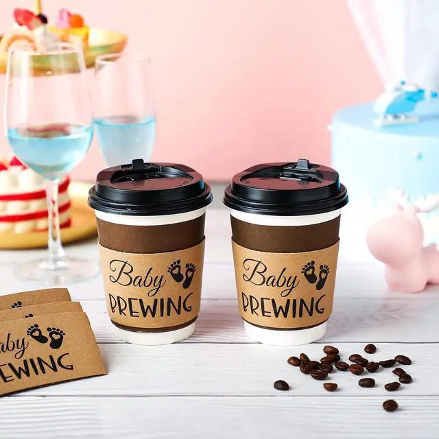 Alt view image 4 of 7 - Newtay 50 Counts Baby Is Brewing Coffee Sleeves, Disposable Kraft Paper Cup Sleeves for Baby Shower, Gender Reveal, Halloween Party Decorations, Fits 12 16 or 20 oz Hot Cold Drinks Paper Cup(Playful)
