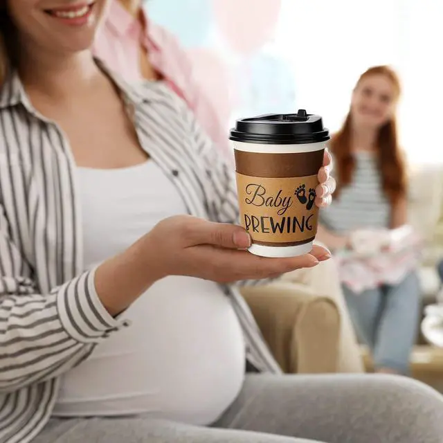 Alt view image 7 of 7 - Newtay 50 Counts Baby Is Brewing Coffee Sleeves, Disposable Kraft Paper Cup Sleeves for Baby Shower, Gender Reveal, Halloween Party Decorations, Fits 12 16 or 20 oz Hot Cold Drinks Paper Cup(Playful)
