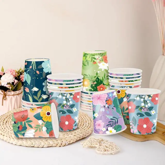 Alt view image 2 of 7 - Disposable Paper Cup 9oz 48 Pcs 6 Unique Floral Designs Drinking Cup, Perfect for Spring Birthday Parties, Easter, Bridal Showers, Weddings, Tea Parties, Christmas, Valentines Day, and Baby Showers