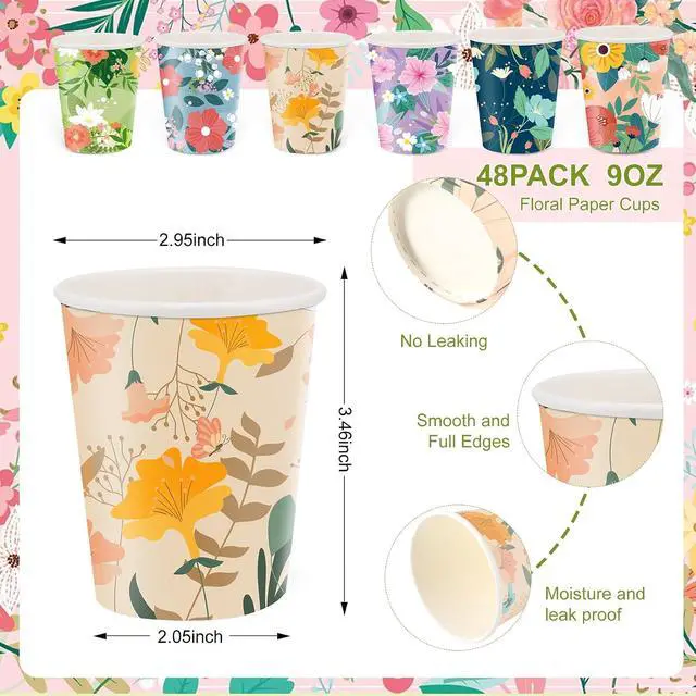 Alt view image 3 of 7 - Disposable Paper Cup 9oz 48 Pcs 6 Unique Floral Designs Drinking Cup, Perfect for Spring Birthday Parties, Easter, Bridal Showers, Weddings, Tea Parties, Christmas, Valentines Day, and Baby Showers