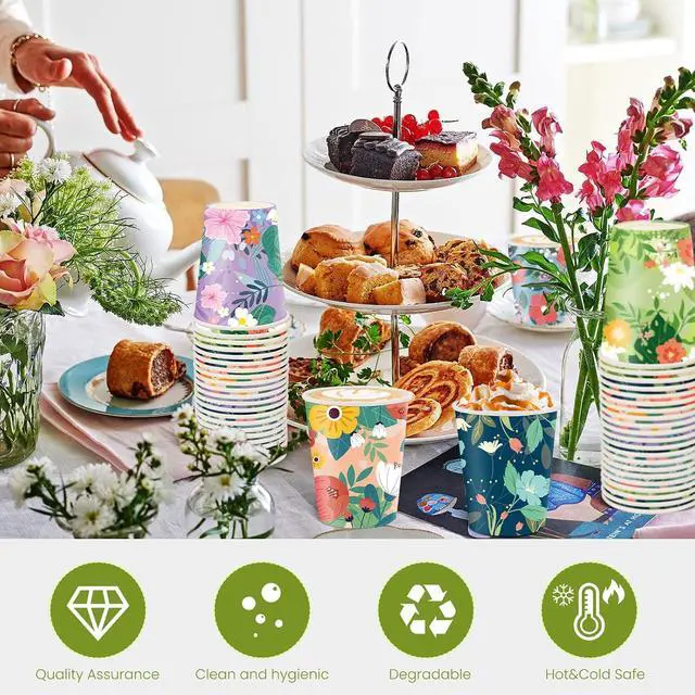 Alt view image 4 of 7 - Disposable Paper Cup 9oz 48 Pcs 6 Unique Floral Designs Drinking Cup, Perfect for Spring Birthday Parties, Easter, Bridal Showers, Weddings, Tea Parties, Christmas, Valentines Day, and Baby Showers