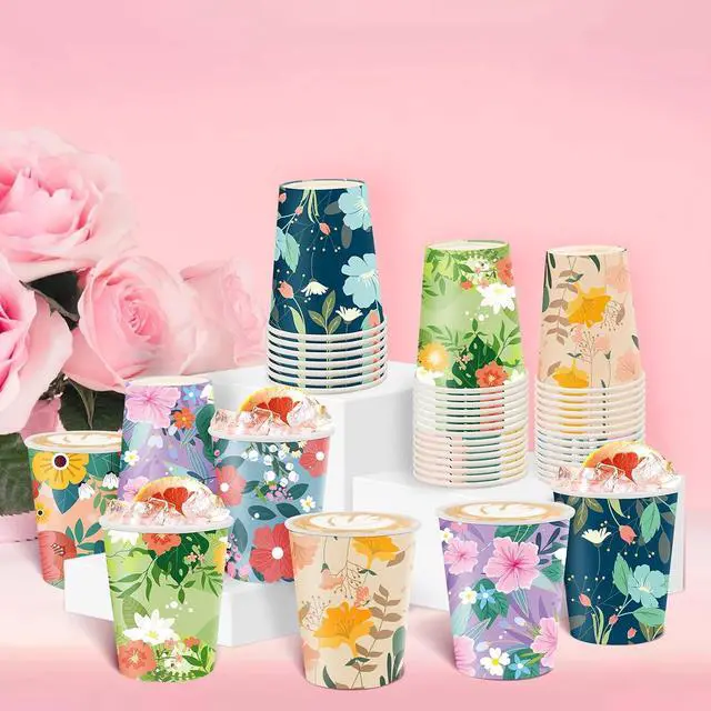 Alt view image 5 of 7 - Disposable Paper Cup 9oz 48 Pcs 6 Unique Floral Designs Drinking Cup, Perfect for Spring Birthday Parties, Easter, Bridal Showers, Weddings, Tea Parties, Christmas, Valentines Day, and Baby Showers