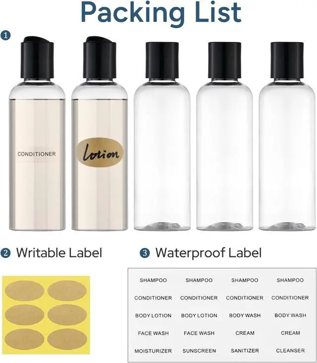 Alt view image 7 of 7 - Travel Bottles for Toiletries, 3.4 oz Travel Size Containers, 5pcs, Clear | Squeezable empty plastic bottles, TSA approved, leak proof, with labels, for liquids & shampoo lotion, gym essentials
