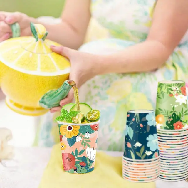 Alt view image 6 of 7 - Disposable Paper Cup 9oz 48 Pcs 6 Unique Floral Designs Drinking Cup, Perfect for Spring Birthday Parties, Easter, Bridal Showers, Weddings, Tea Parties, Christmas, Valentines Day, and Baby Showers