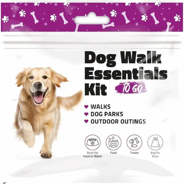 Main image of Dog Walking Essentials Kit Travel Pack with Disposable Bowl, Dog Food, Treats & Waste Bag Pet Supplies for Walks, Camping & On-the-Go Use (Purple) (1)