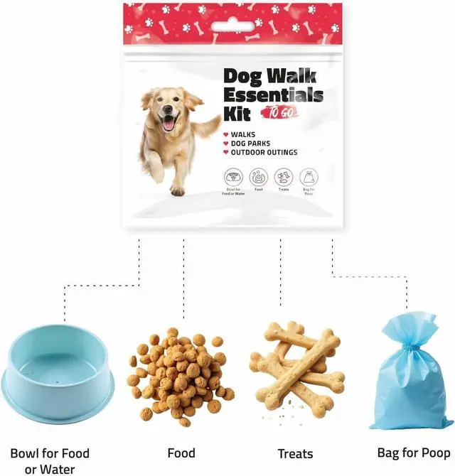 Alt view image 2 of 5 - Dog Walking Essentials Kit Travel Pack with Disposable Bowl, Dog Food, Treats & Waste Bag Pet Supplies for Walks, Camping & On-the-Go Use (Purple) (1)