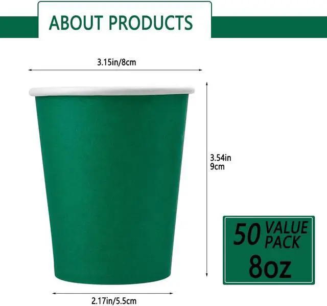Alt view image 2 of 7 - 50 Pack 8oz Green Paper Cups Disposable Paper Coffee Cups | Disposable Drinking Cups, Hot/Cold Beverage Paper Cups Ideal for for Office, Parties, Travel, On-the-Go & Daily Use