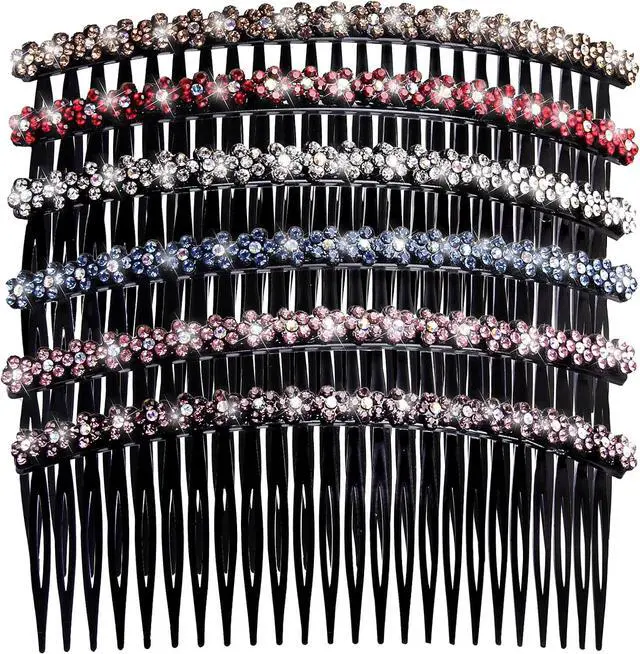 Main image of 6 Pcs Hair Clip Comb for Girls Women Fashionable 24 Teeth Black Rhinestone Hair Side Combs for Women Plastic Bling Slide Combs for Hair Styling (Plum blossom)