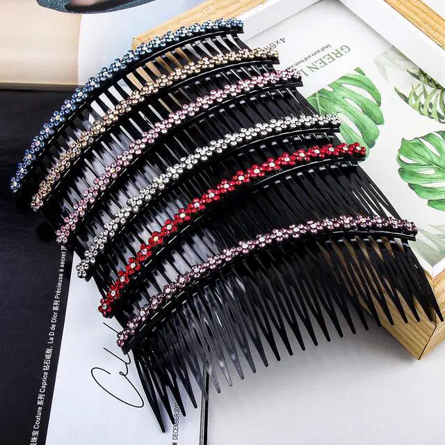 Alt view image 4 of 6 - 6 Pcs Hair Clip Comb for Girls Women Fashionable 24 Teeth Black Rhinestone Hair Side Combs for Women Plastic Bling Slide Combs for Hair Styling (Plum blossom)